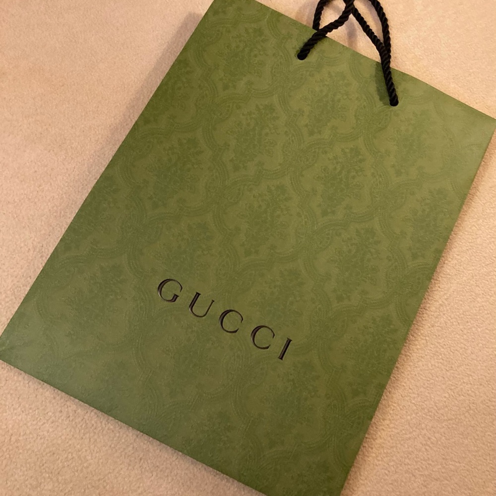 Gucci jacquard paper shopping tote bag in grass green with black brand typeface
